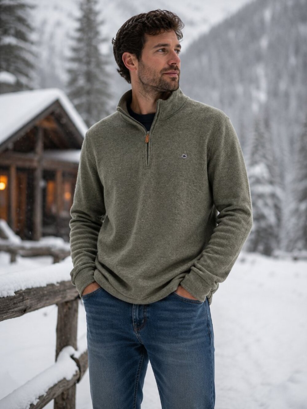 Crown & Ivy Men's Olive Quarter Zip Pullover Sweater Fleece Casual Comfort